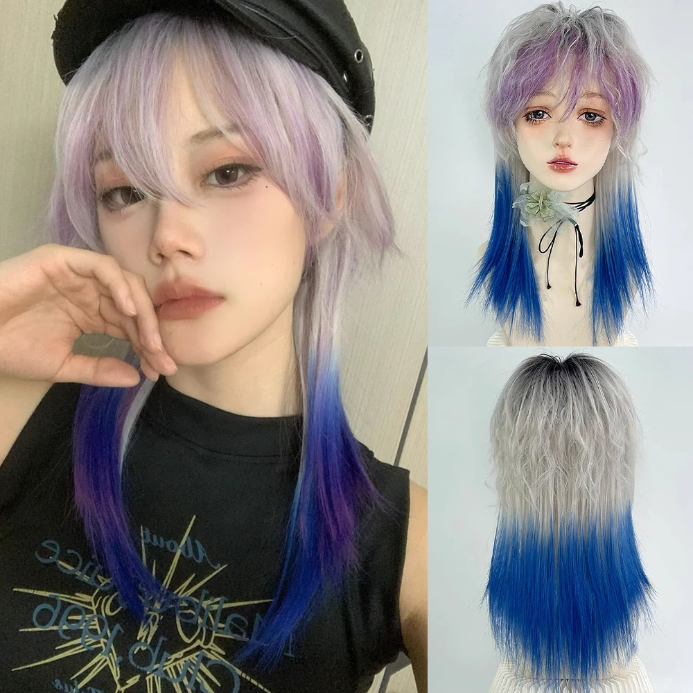 

Синтетический волнистый пушистый женский парик с волчьим хвостом для повседневной вечеринки, косплей, короткий серый парик с омбре, фиолетовый, синий, с челкой