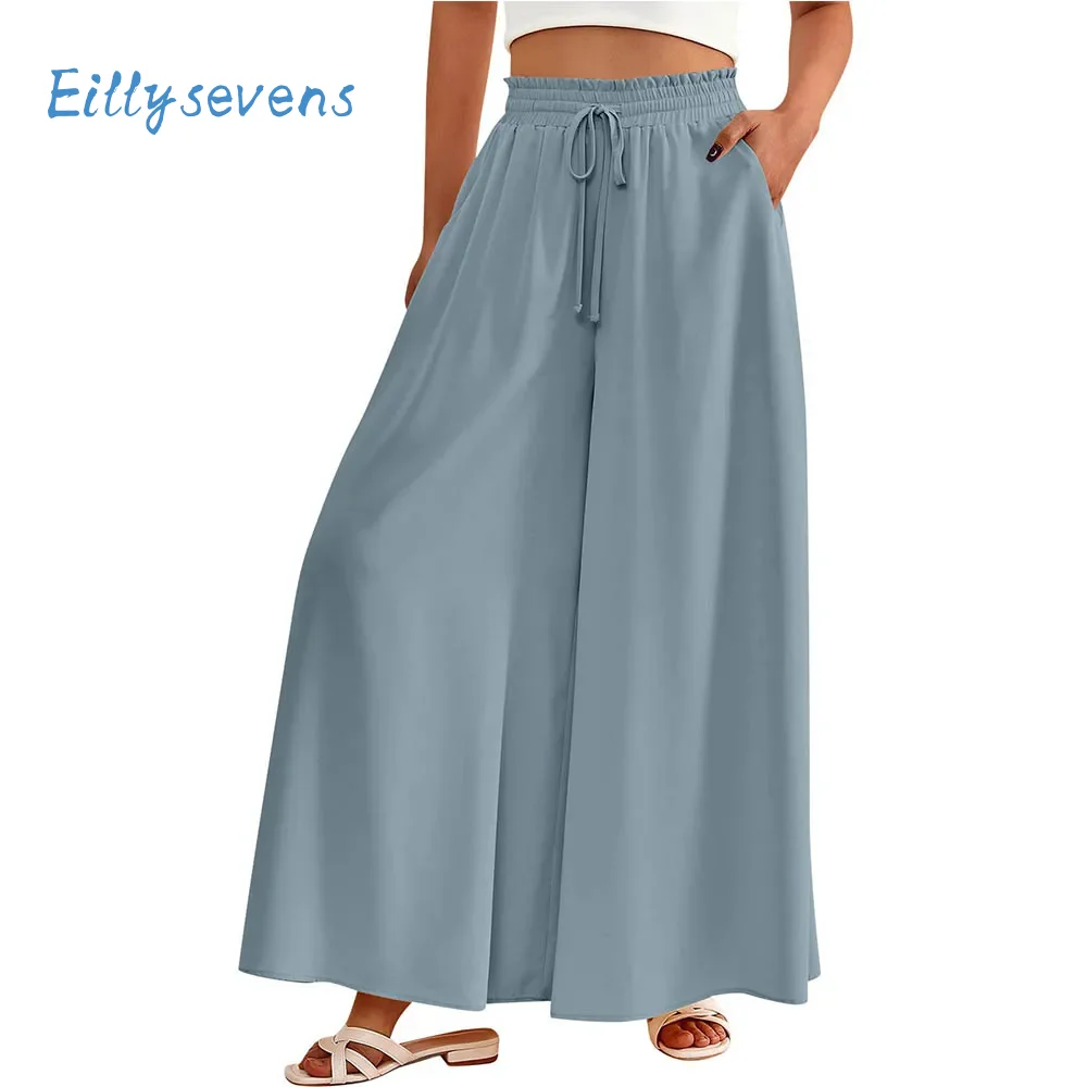 

Women High Waisted Wide Leg Pants Summer Casual Flowy Palazzo Pants Elastic Waist Solid Color Beach Trousers With Pockets