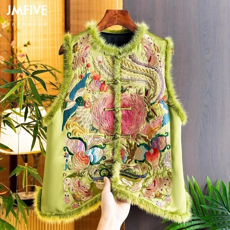 

Retro Satin Acetic Acid Cotton Vest Women Winter New Chinese Heavy Industry Embroidered Cotton Vest Jacket Vintage Clothing