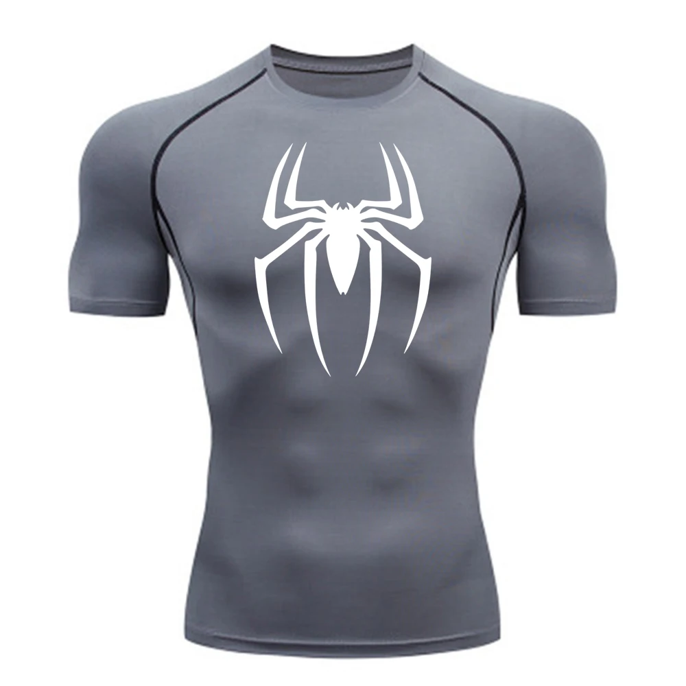 2024Men\'s Spider Print Compression Shirt, Quick Dry T-Shirt, Gym Running Jersey, Breathable Short Sleeve, Spring, Summer, M-3XL