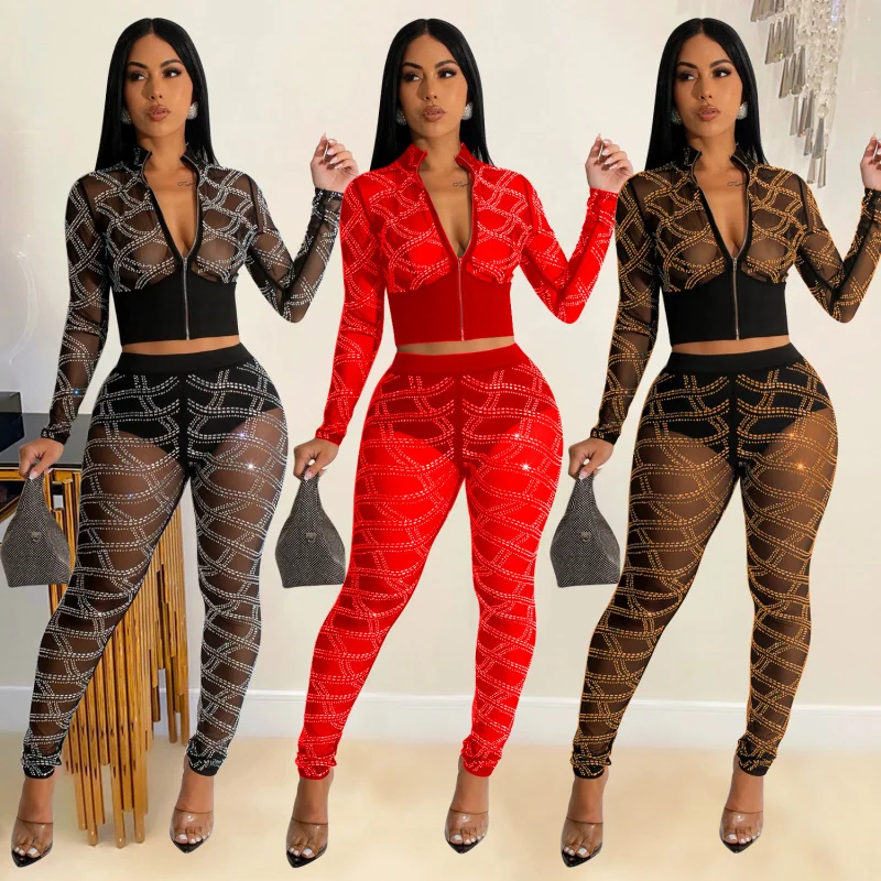 

New Summer New Product Women's Clothes Mesh Nightclub Long Sleeve Two-Piece Set Women