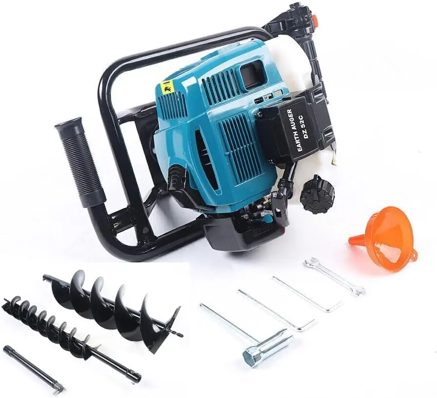 Gas Powered 52cc 2 Stroke Post Hole Digger Earth Auger Borer with 4" and 8" Spiral Drill Bits & 12" Extension Bar for Fence Ground Drilling, Light Blue