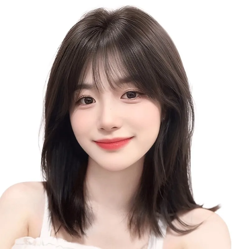 

Women's Medium Length Layered Wig with Air Bangs Dark Brown Heat Resistant Synthetic Hair for Daily Wear