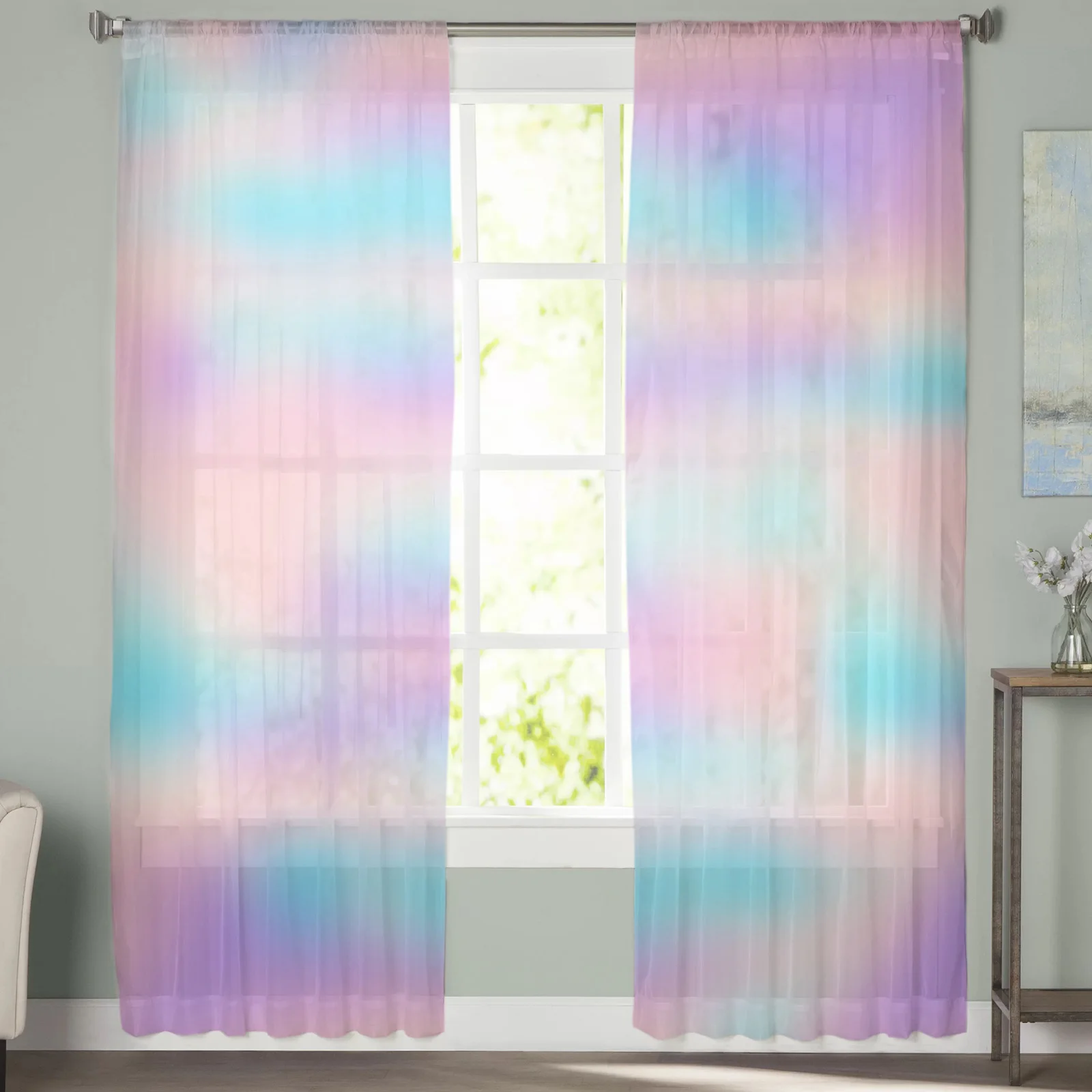 Rainbow Gradient Sheer Voile Curtains Window Tulle Curtains for Living Room Bedroom for Kitchen Curtains Decoration