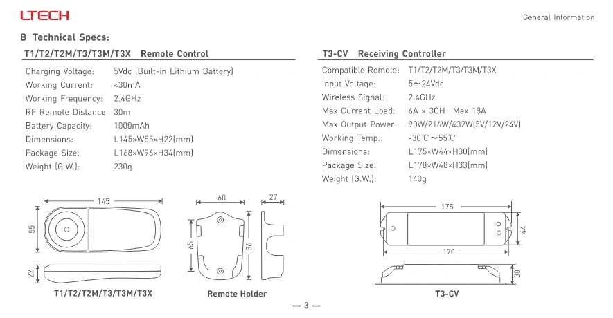 LTECH Constant Voltage Receiving Controller T3-5A /T3-CV Compatible Remote Control T3/T3M