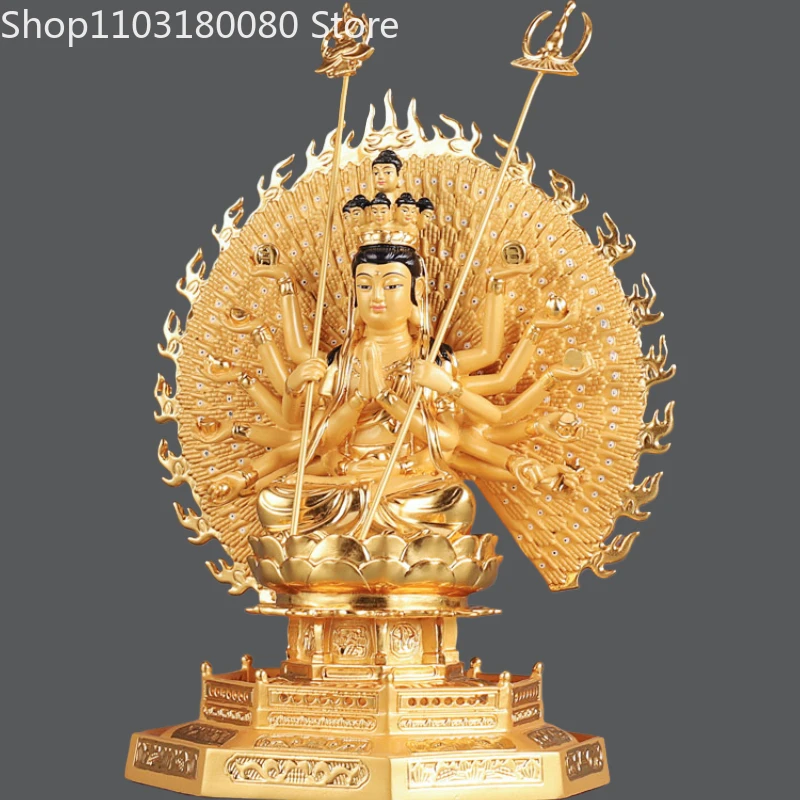 تمثال كوان يين المذهب بالنحاس بألف يد، منحوتة أفالوكيتسفارا قوانيين المسلحة بألف عيون، 31 سم، 26 سم