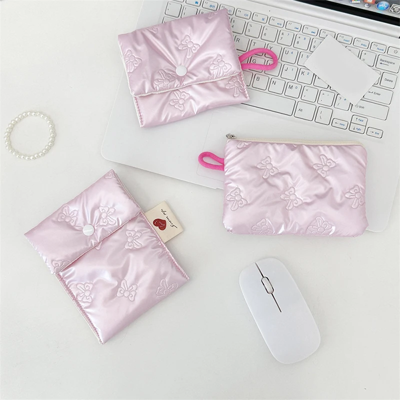 Ins dompet koin pola pita Fashion, tas penyimpanan Makeup kantong ritsleting untuk anak perempuan dompet kecil portabel tas Earphone