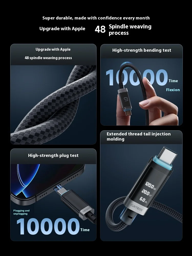 Плетеный кабель питания CUKTECH No 6, цифровой дисплей, двойной OLED-экран типа C, быстрая зарядка, автомобильный кабель для передачи данных для Iphone, аксессуар Xiaomi