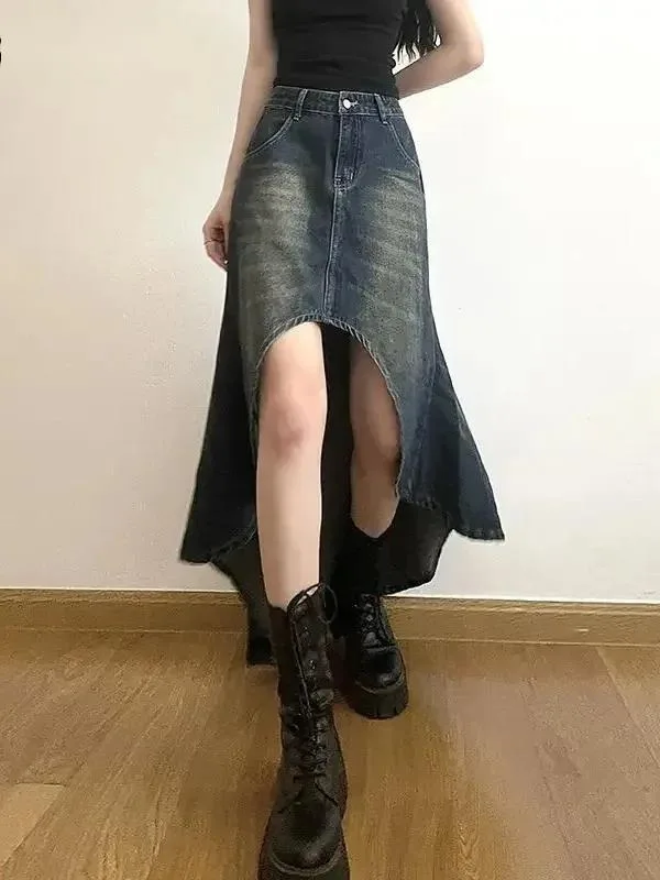 Denim Midi Skirts Women Washed Retro Irregular Design Prevalent Streetwear Hipster Casual Fashion All-match High Waist CBQ9
