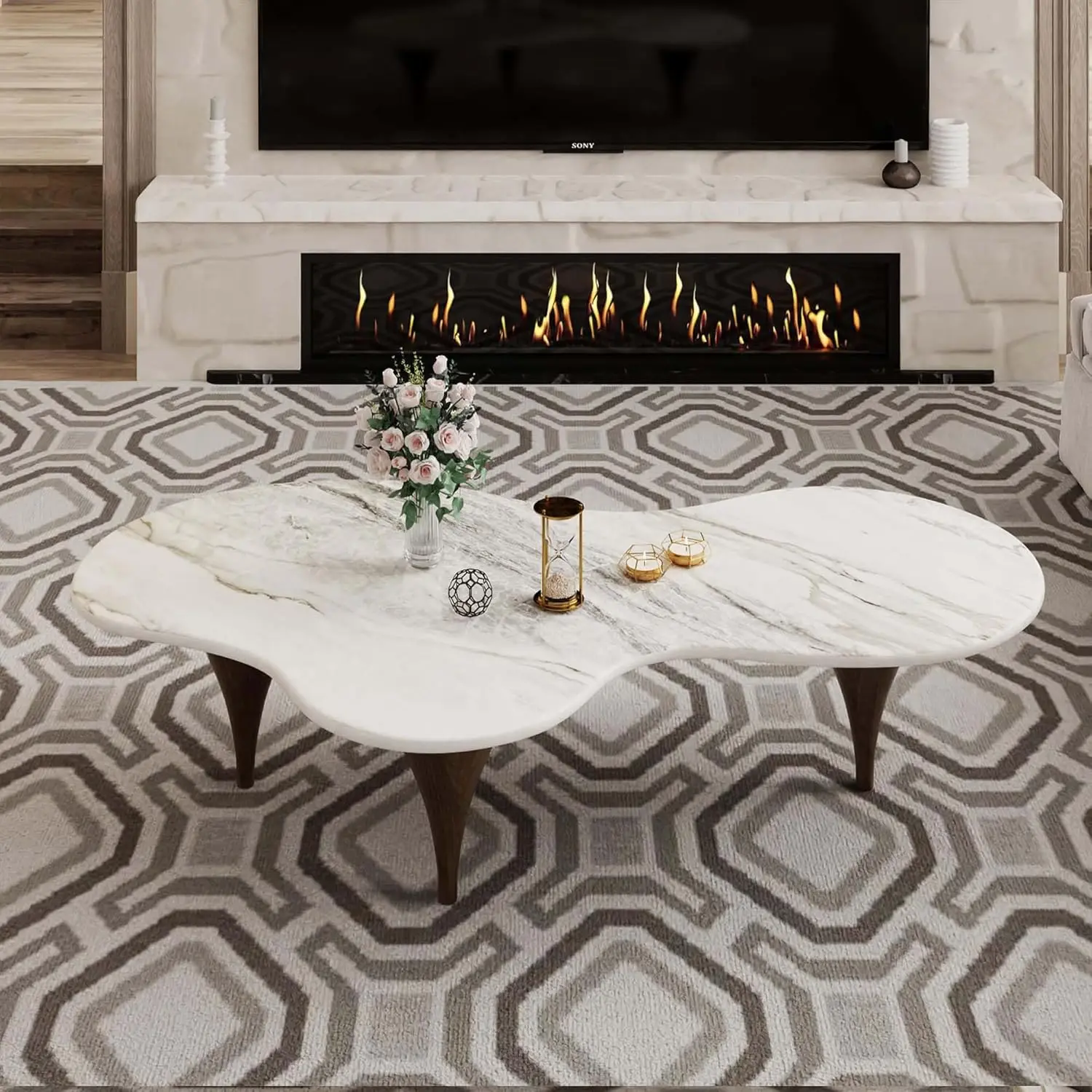 

Современный журнальный столик «Волна» с нерегулярной формой, имитацией мрамора и деревянными ножками, столешница из спеченного камня, на заказ