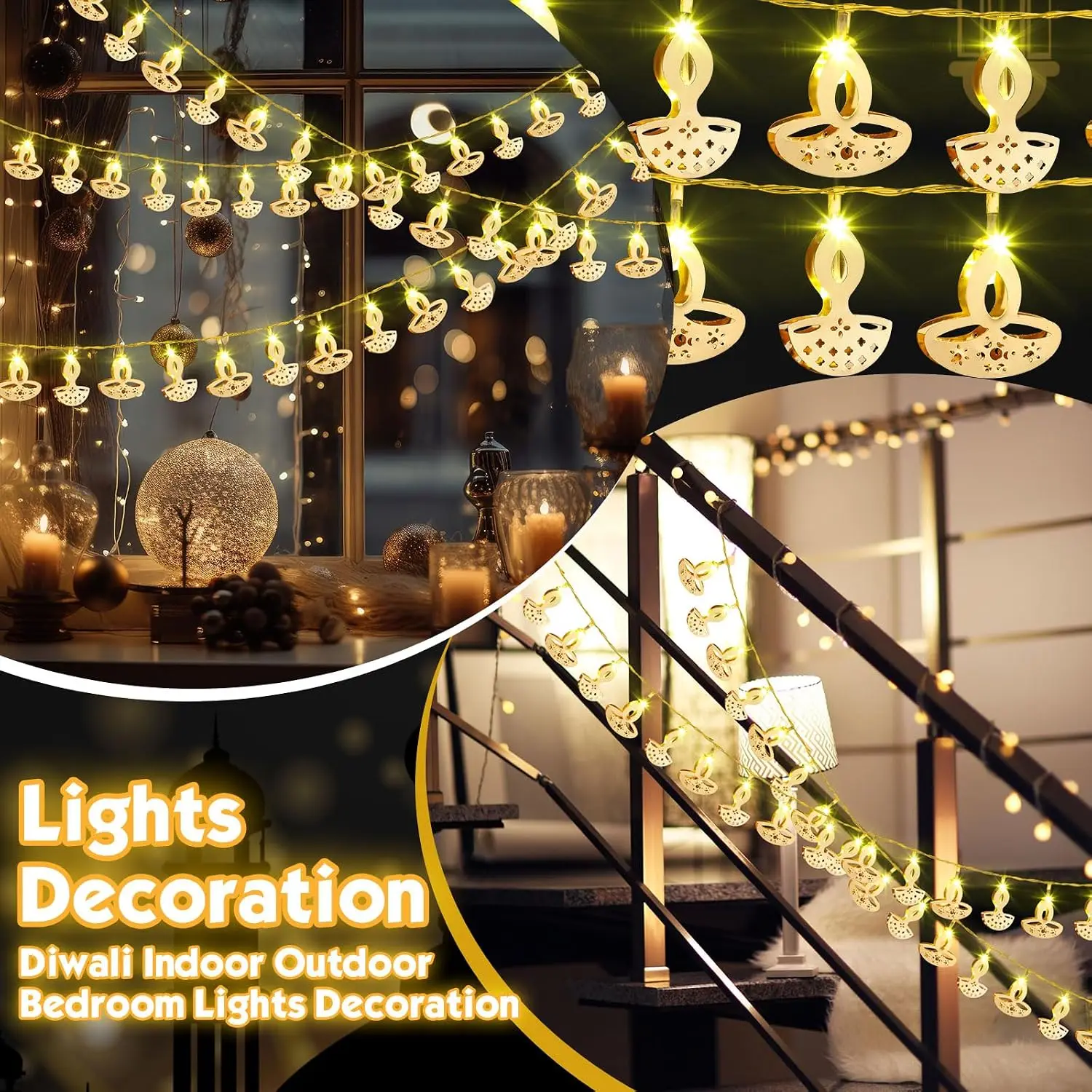 Diwali String Lights 3m 20 LEDs Indian Diya Metal Lantern Fairy Garland Lamp Festive Battery Light for Home Party Garden Decor