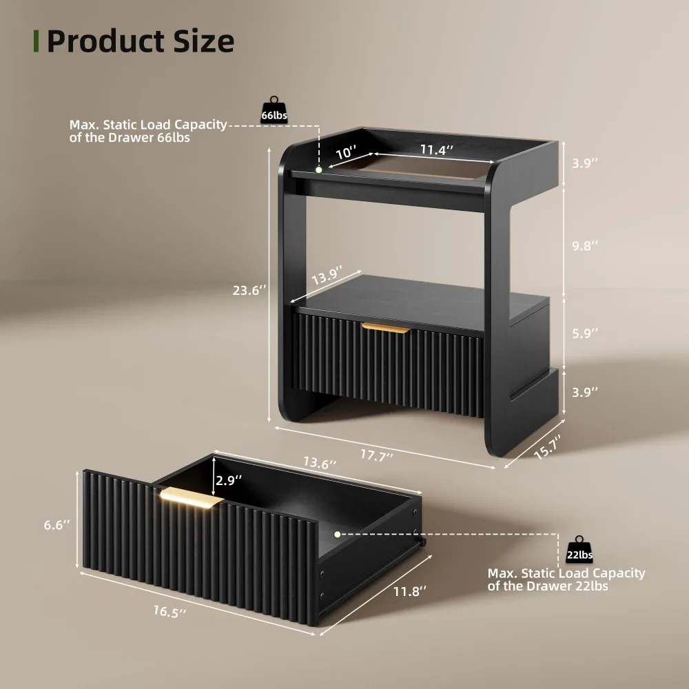 Fluted Nightstands Set of 2, Mid Century Modern Night Stand with Drawer and Open Shelf, Amber Glass Top Wooden Bedside