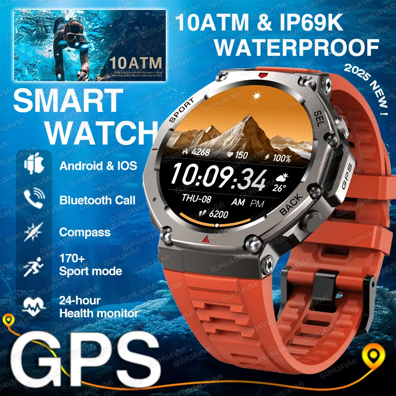 

Военные GPS Смарт-часы 5ATM IP69K Водонепроницаемый компас Высотомер Барометрические встроенные GPS AMOLED Bluetooth Часы для вызова 2025 Новинка