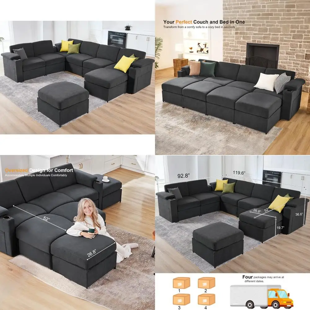 Sofá nube de 121 ", cómodo conjunto de sofá seccional modular para sala de estar, sofá de dos plazas convertible de lino moderno de 3 asientos con 1 otomana