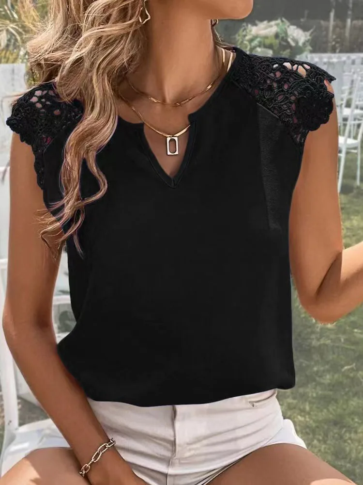 Elegant Women\'s Casual Blouse 2023 Summer Solid V-Neck Panel Lace Tank Tops Office Lady Short Sleeve Shirts Streetwear Women New