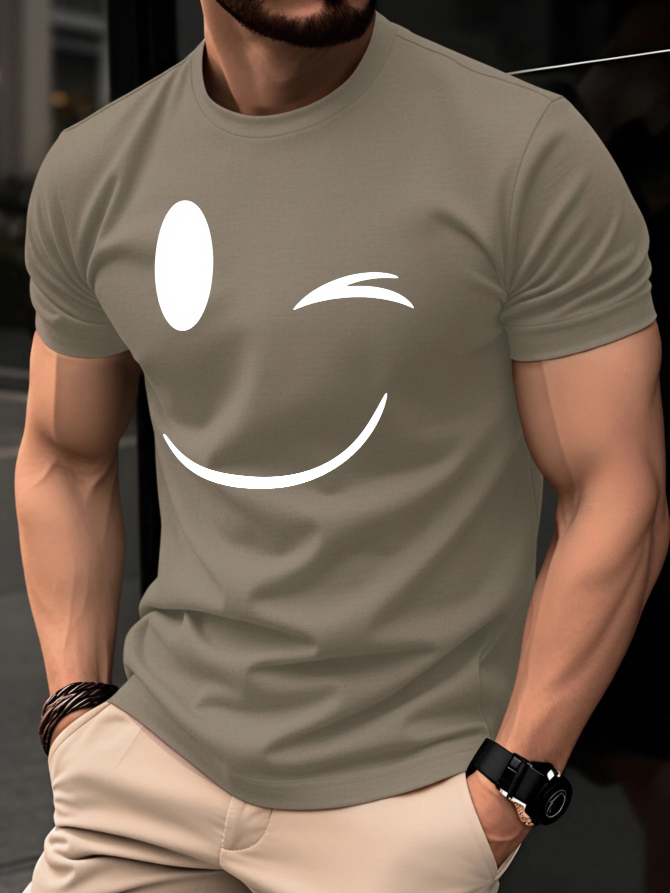 2026 Summer Men's Minimalist Oversized Smiley Face Print Short-Sleeve T-Shirt Perfect for Outdoor Activities and Commuting