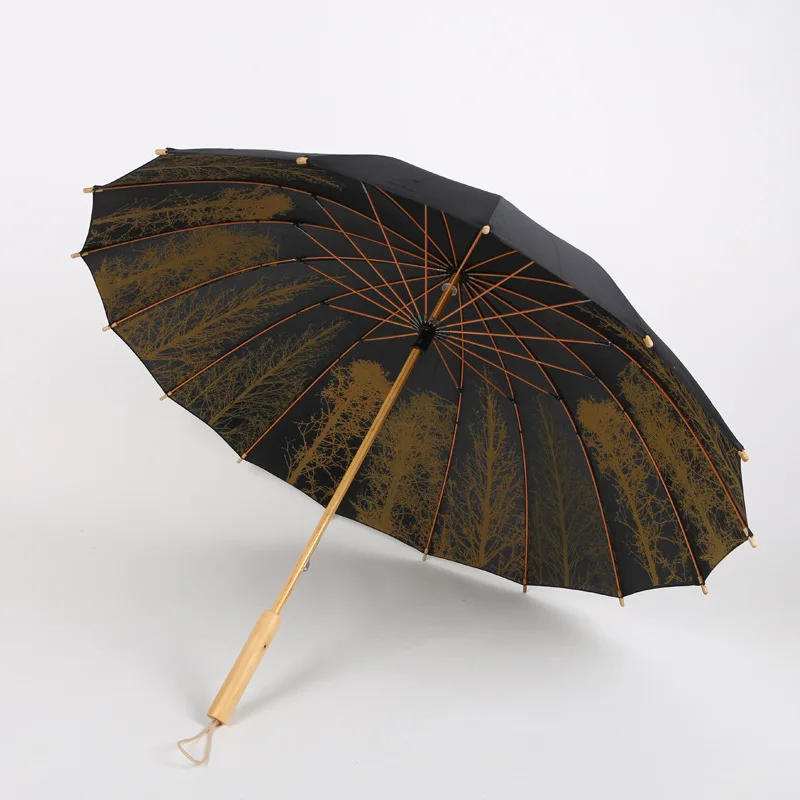 16-bone Long Handle Parasol Retro Art Wooden Handle Umbrella Chinese Style Sunny Umbrella Rain Gear