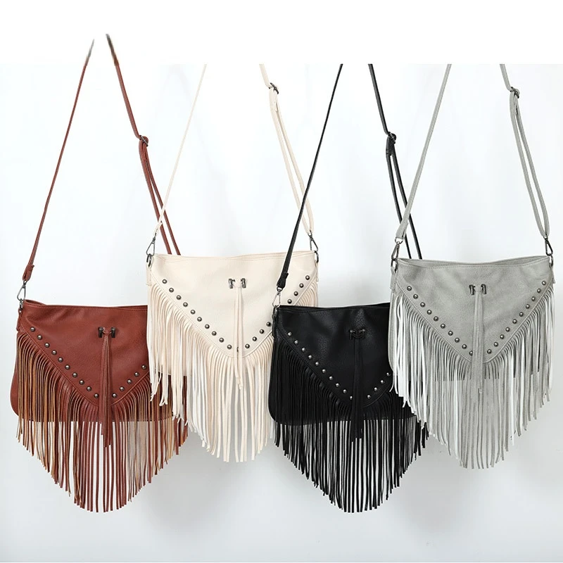 European and American Style Rivet Fringe Tassel Messenger Bag Women Hobo Shoulder Bags Shopper Crossbody Handbag Bolsa Feminina