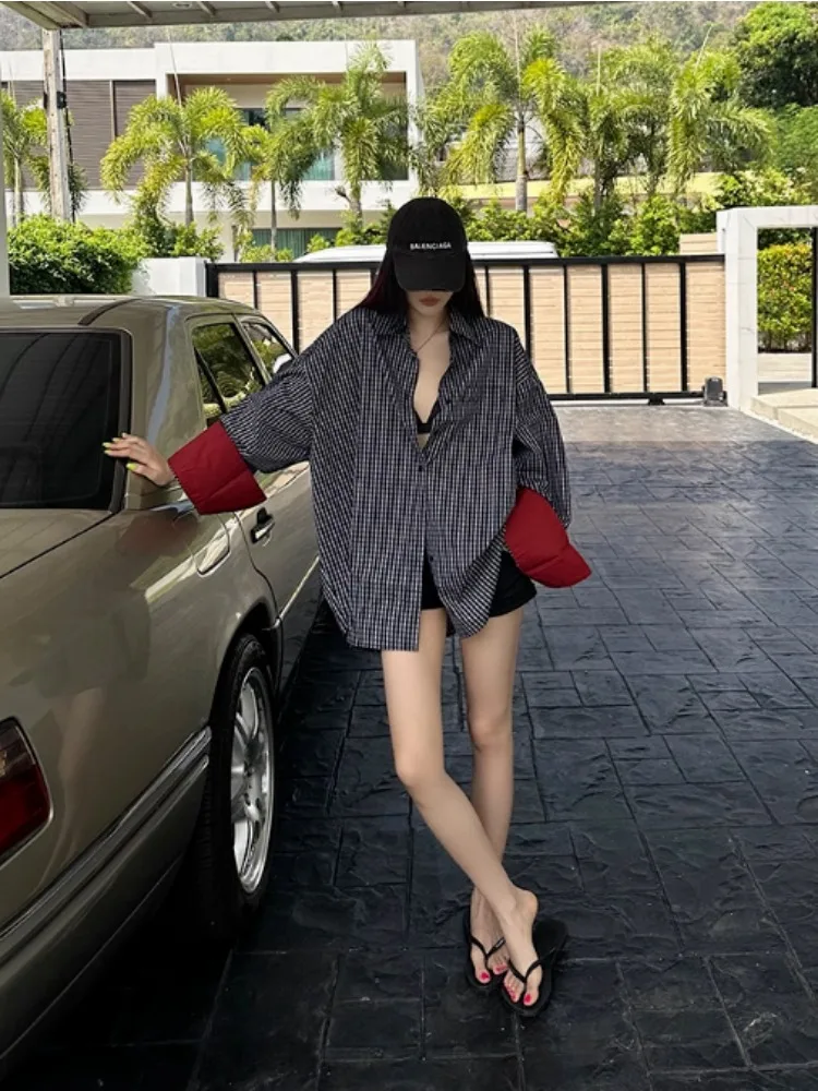 Deeptown Vintage Plaid contraste couleur Flip manches femmes chemises à manches longues mode coréenne Blouses Harajuku ample décontracté 2025 nouveau