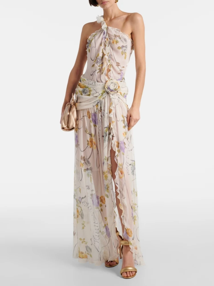 

Summer Sexy One Shoulder Hollow Out Printed Long Dress Women Sleeveless Backless Flower Ruffles Split Slim Dresses Evening Party