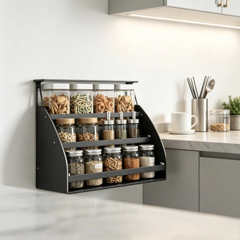 Heavy-duty Pull-down Cabinet Spice Rack, Lift-up Adjustable Basket Organizer for Wide Tall Kitchens Cupboard with Sturdy Rail.