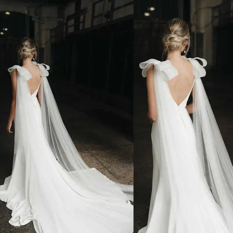 Flowy Luxury Bridal Cape Soft Tulle Fabric Detachable Long Train Ruffle Shoulder Bow Decor Handmade Sheer Overlay Wedding Event