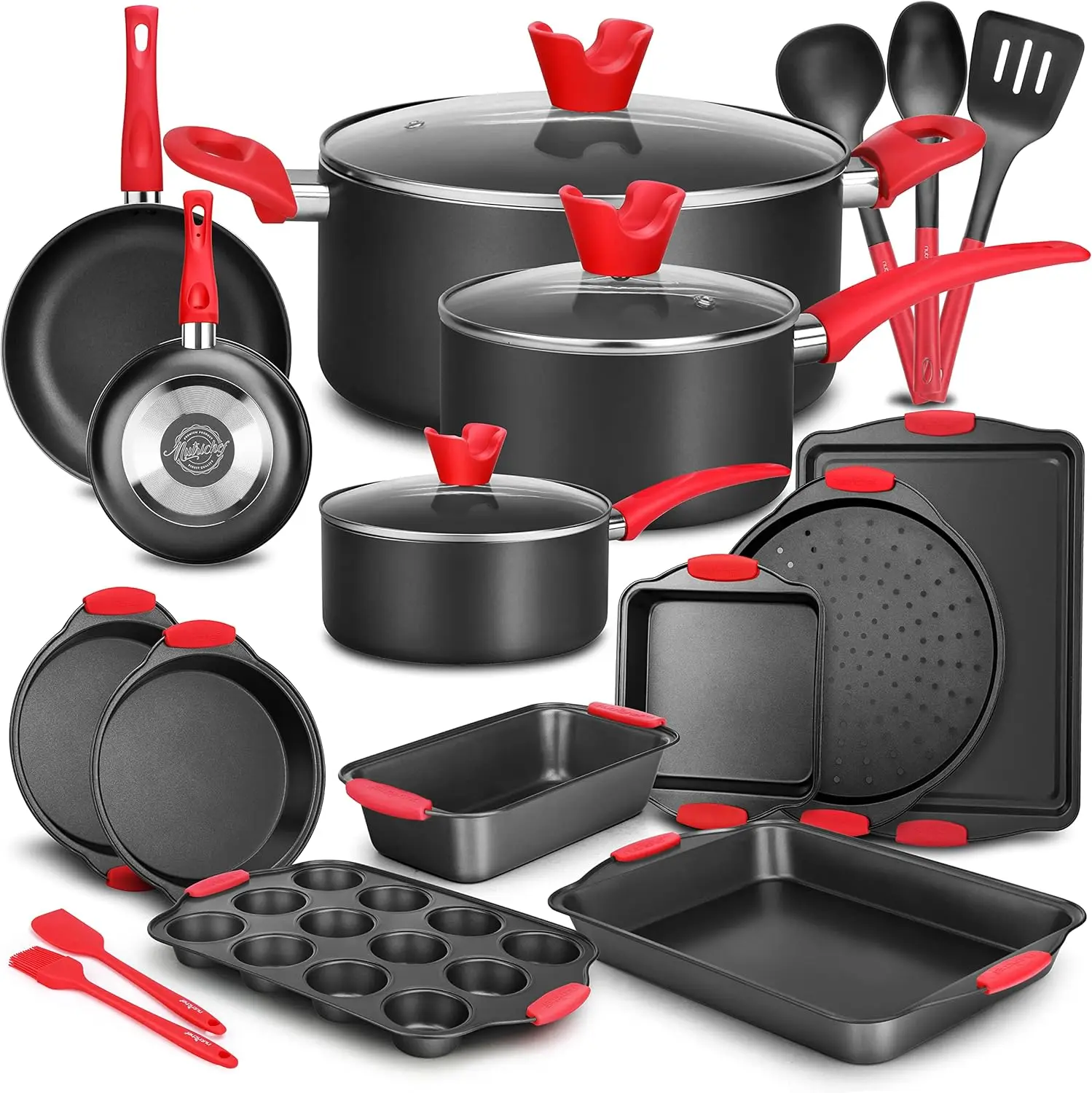 

Набор Антипригарной Посуды из 21 предметов, включает в себя кастрюли и сковороды, жаростойкую посуду и кухонные принадлежности с силиконовыми ручками-полный набор f