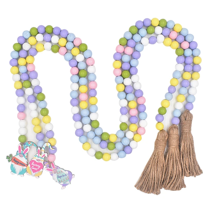 Top-3 Pieces Easter Wood Bead Garlands With Tassels Gnomes Shape Pendant Farmhouse Style Easter Decor Tiered Tray Ornaments