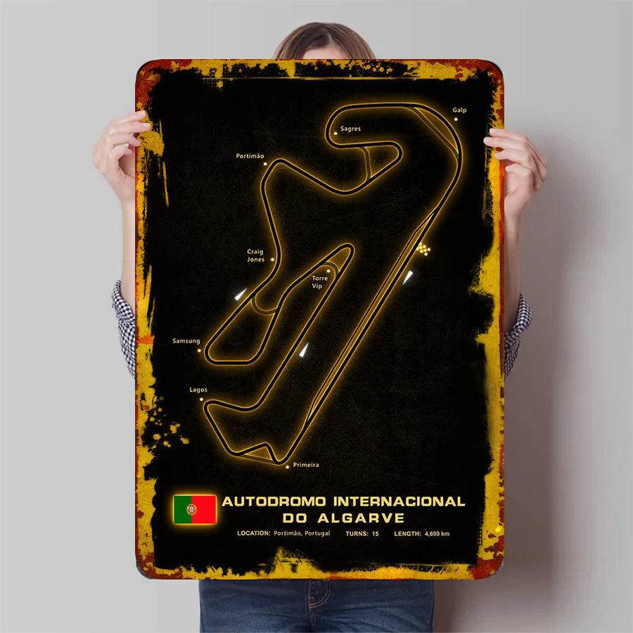 Autodromo Internacional do Algarve Circuit Map Metal Wall Art Racing Decor for Home Office Garage
