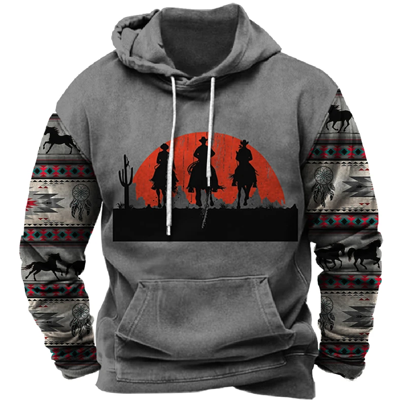 Western Cowboy Men\'s Outdoor Hoodie Harajuku Hooded Sweatshirt Spring Autumn Vintage Casual Pullover y2k Tops Unisex Streetwear