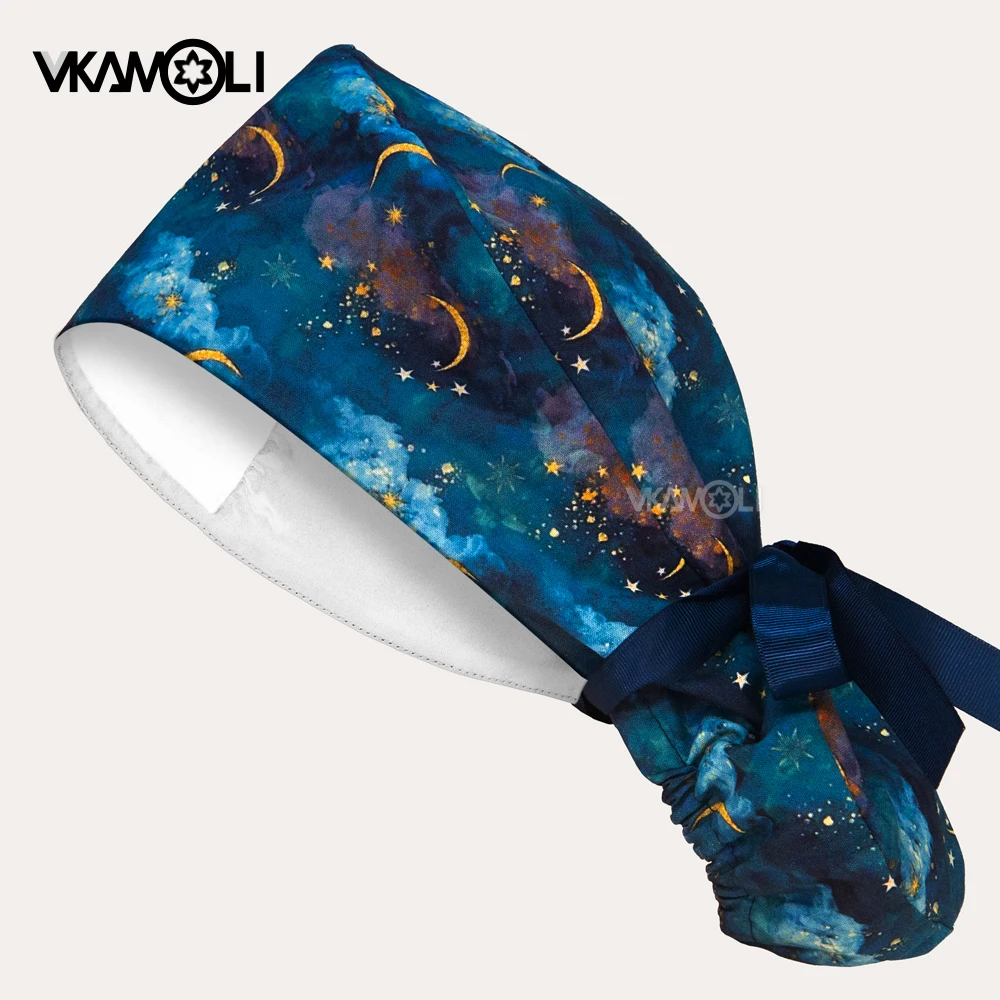 2025 nuevo gorro exfoliante forrado de satén de alta calidad para cabello largo, gorro para cabeza de médico y enfermera, gorro exfoliante con estampado de cielo estrellado de ensueño para mujer