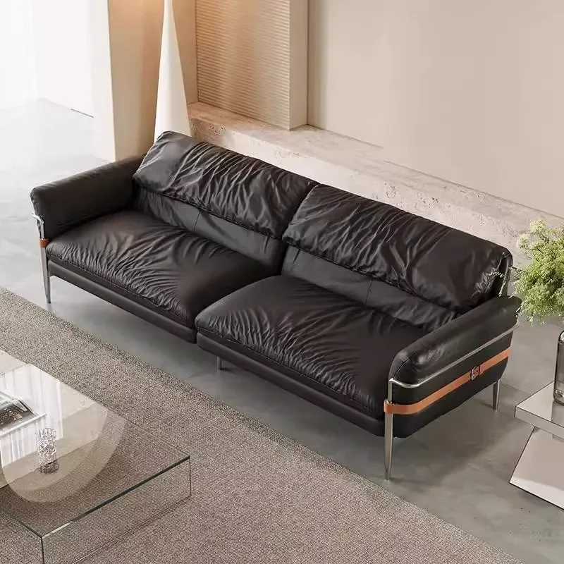 Black leather sofa size apartment living room retro straight row three-person sofa leather