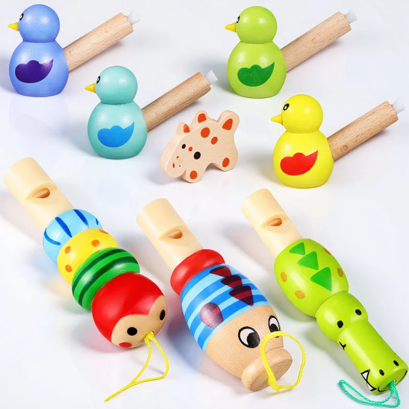 Sifflets d'animaux en bois, 7 pièces, formes d'oiseaux colorées, Style dessin animé, cadeaux musicaux éducatifs pour enfants