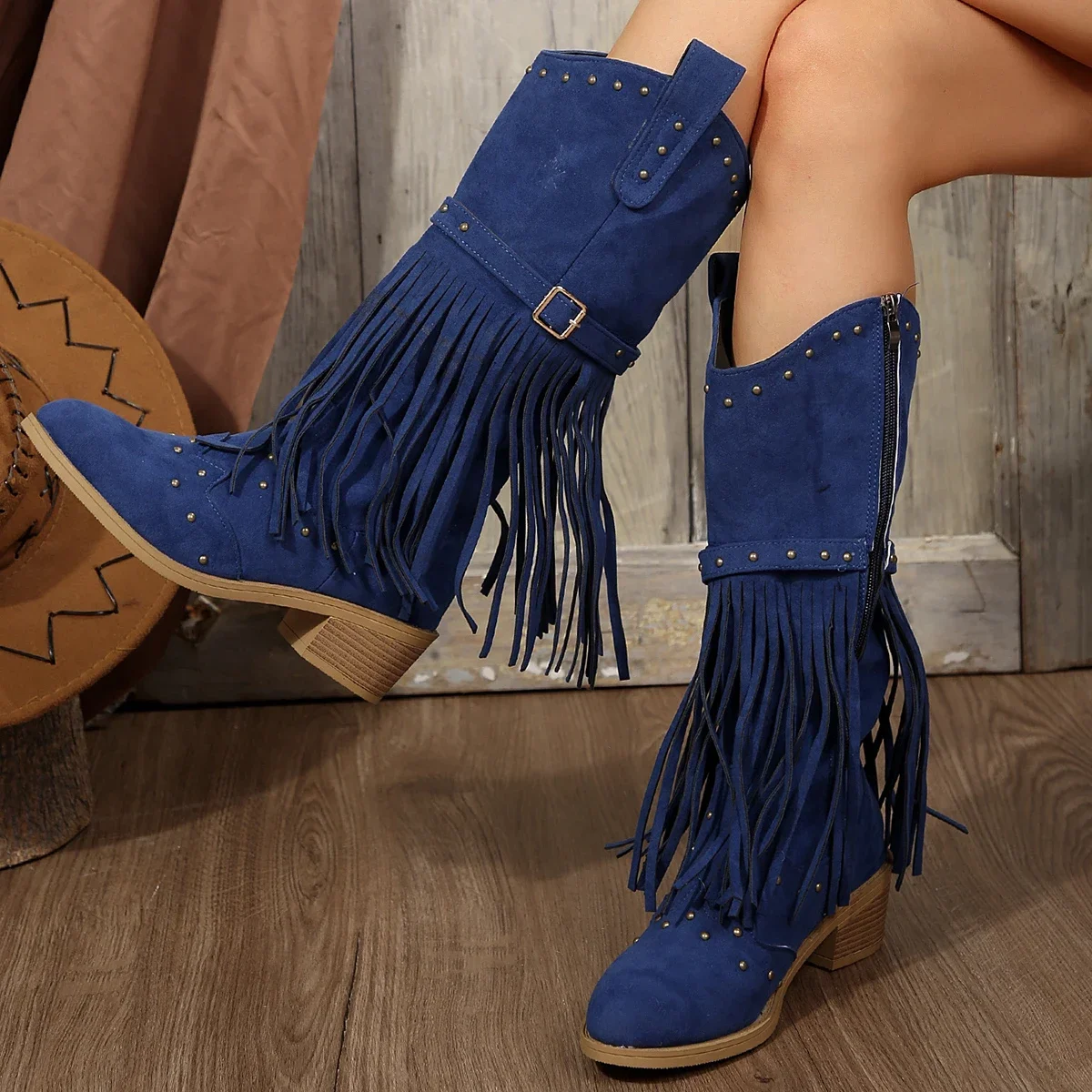 2024 Winter Women Fringes Thick Heel High Boots Suede Pointed Toe Outdoor Fashion Platform Shoes Willow Nails Pumps Women Shoes