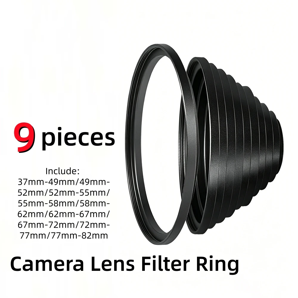 9pcs Camera Lens Filter Adapter Ring 49-52mm 52-55mm 55-58mm 58-62mm 62-67mm 67-72mm 72-77mm 82 Step Up Ring Set for UV CPL DSLR
