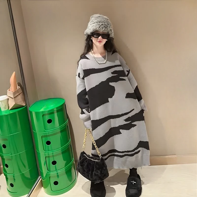 

Teen Girls Knitted Dress Fashion Grey Zebra Striped Long-sleeved Sweater Dresses for Kids Loose 12 14 Y Autumn Children Clothes