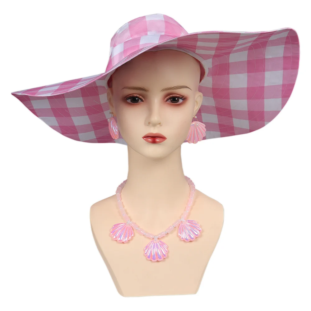 Margot Cute Pink Plaid Hat 2023 Movie Barbei Fantasy Cosplay Costume Accessory Halloween Fantasia Props For Fancy Dress Up