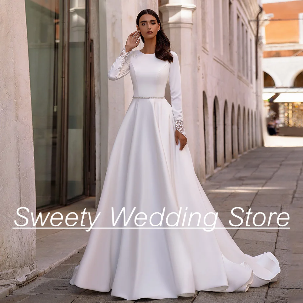 Jiayigong A Line Wedding Gown Customized Jewel Neck Long Sleeves Sequined Lace Satin Bridal Dresses Pockets Sashes  Dress