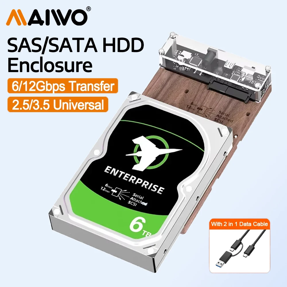 MAIWO USB C SAS HDD/SSD Enclosure Case for 2.5/3.5 Inch SAS SATA HDD SSD Disk USB 3.1 External Hard Drive Adapter with 12V Power