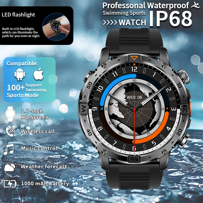 

2025 New 1000mah Large Battery Smart Watch Men Flashlight Military Outdoor Watches Compass Bluetooth Call Waterproof Smartwatch