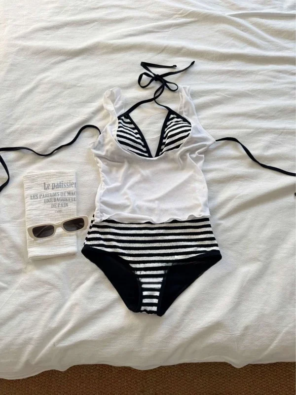 

Черно-белый комплект бикини Bla And White Muses: летний купальник для девушек, комплект из трех предметов, бикини в стиле Харадзюку с разрезом, полиэстер