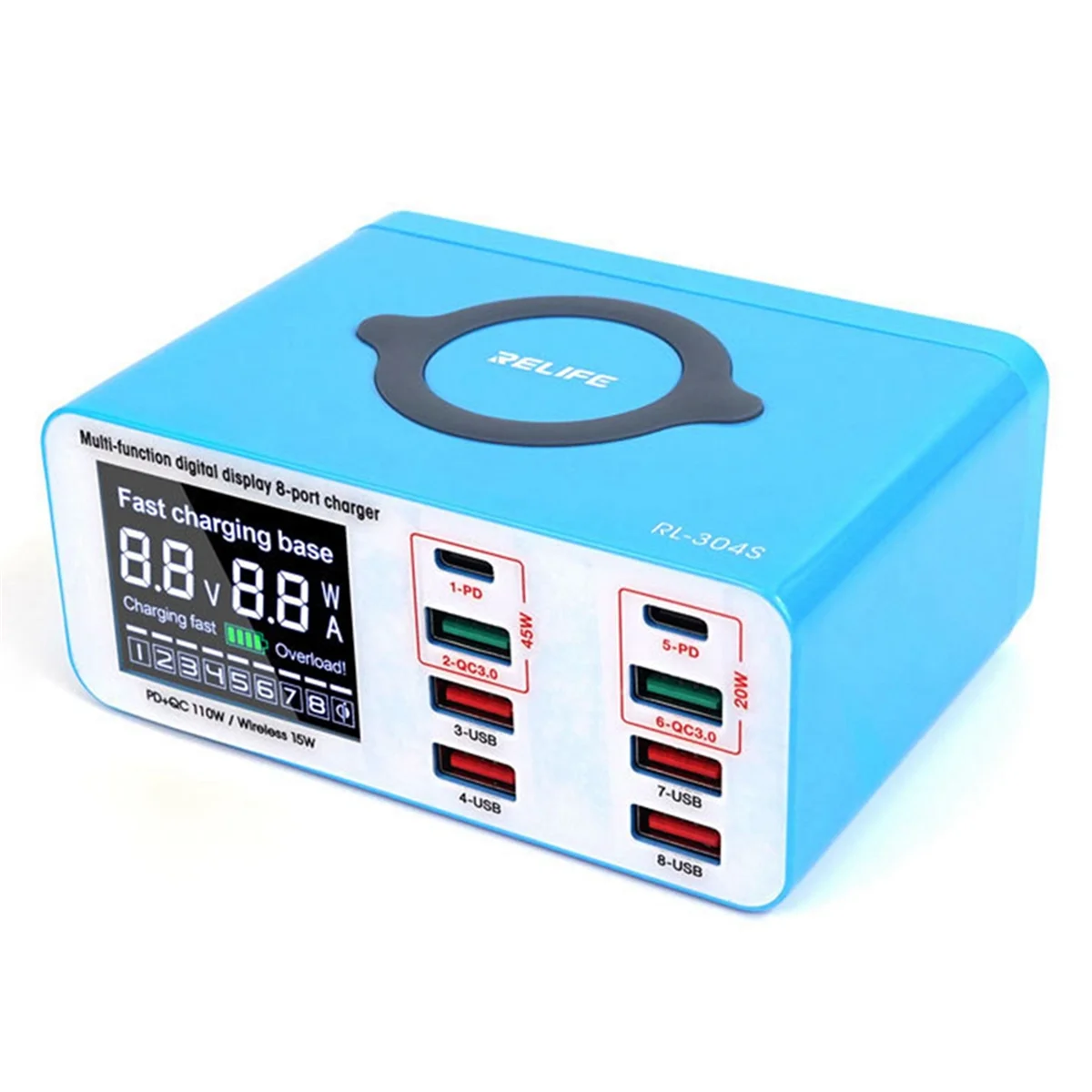 RELIFE RL-304S Smart 8+1Port USB Digital Display Charger for All Mobile Phones and Tablet Charging EU Plug