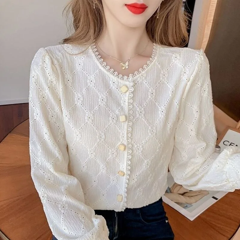 Casual Office Lace Flower Side Blouse Women New Long Sleeve Classic Embroidered Personality Button O-collar Slim Lady Shirt 2022