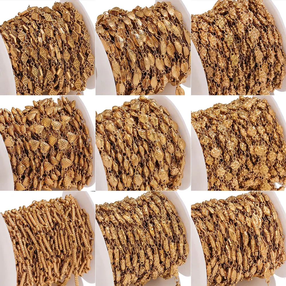 1Meter Stainless Steel Gold Plated Chains Embossing Textured Heart Carved Beaded Chain for DIY Bracelet Necklace Jewelry Making view 5