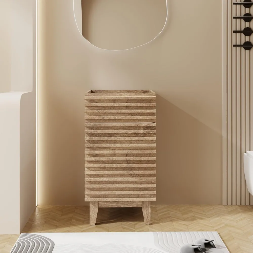 

18" Bathroom Vanity with Sink Combo Mid-Century Freestanding Cabinet with Wood Stripes Decor, Adjustable Shelf, Light Wal