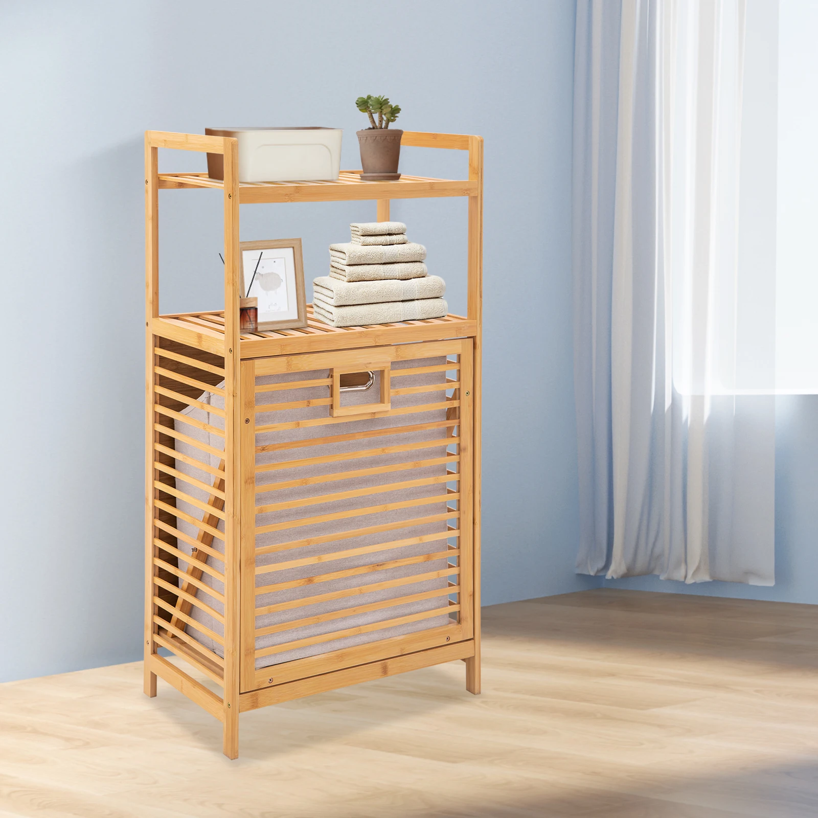 

3 Tiers Multifunctional Bamboo Clothes Organizer Modern Tilt Out Laundry Basket for Laundry Rooms Bathrooms Baby Rooms