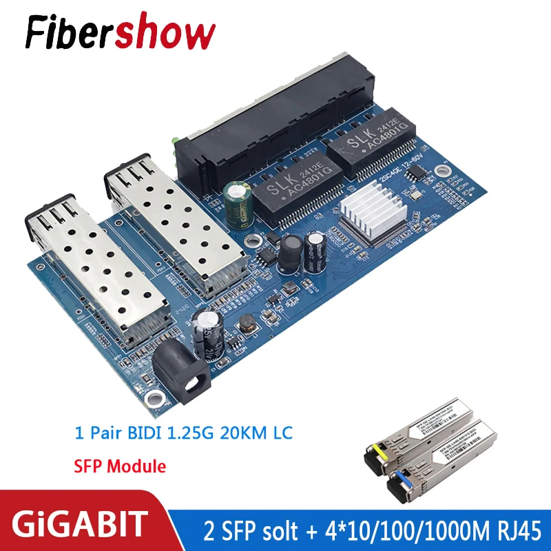 Gigabit Ethernet switch Fiber Optical Media Converter 4 RJ45 2 SFP 10/100/1000M UTP fiber Port Board PCBA 2F4E