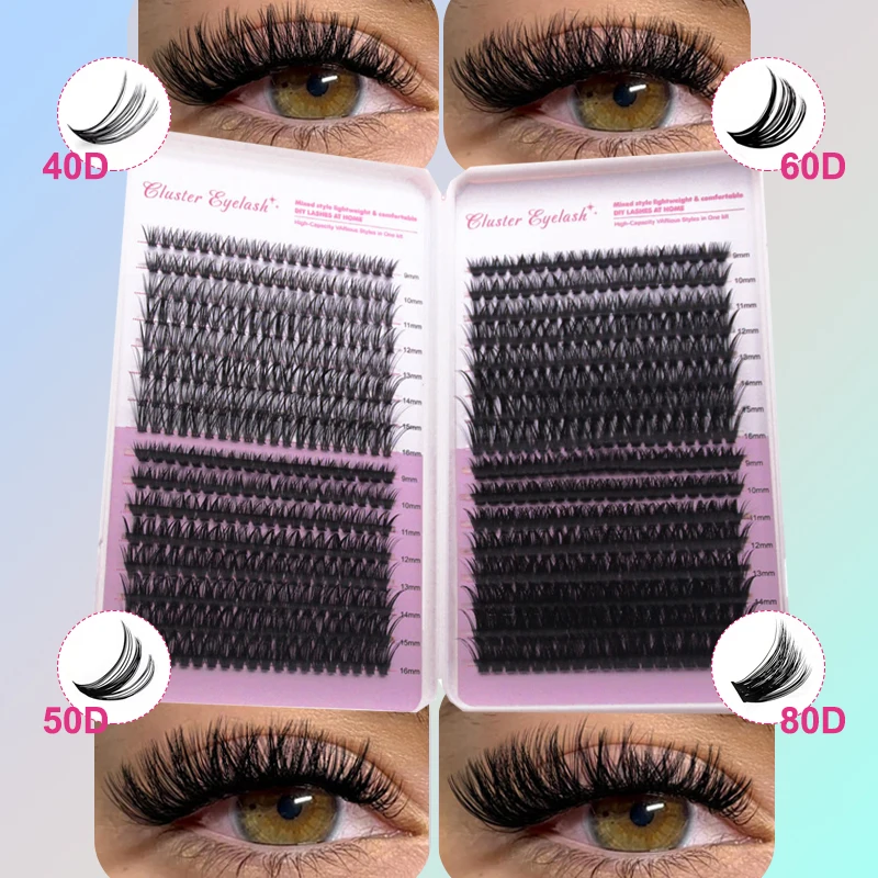 FAIRYTIS 32 Rows 40D+50D+60D+80D DIY Cluster Lashes Natural Look Mixed Tray 9-16mm 640pcs Individual Eyelash Extensions