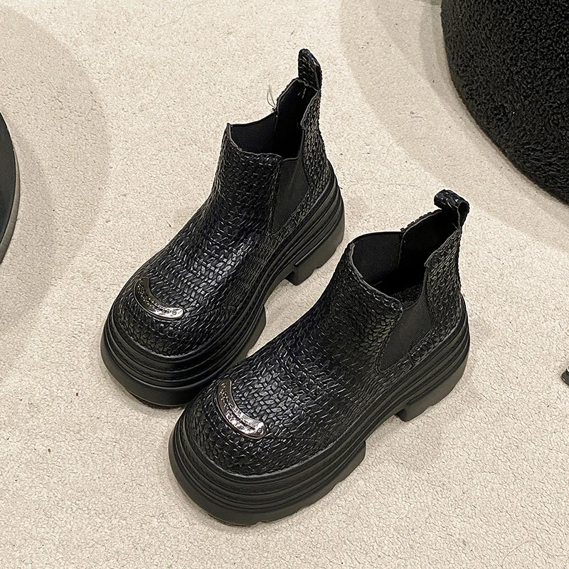 جديد نسج الجلود حذاء من الجلد النساء الخريف الشتاء أحذية رياضية مكتنزة سميكة وحيد أحذية بوت قصيرة 9.5 سنتيمتر منصة عالية فاسق أحذية امرأة