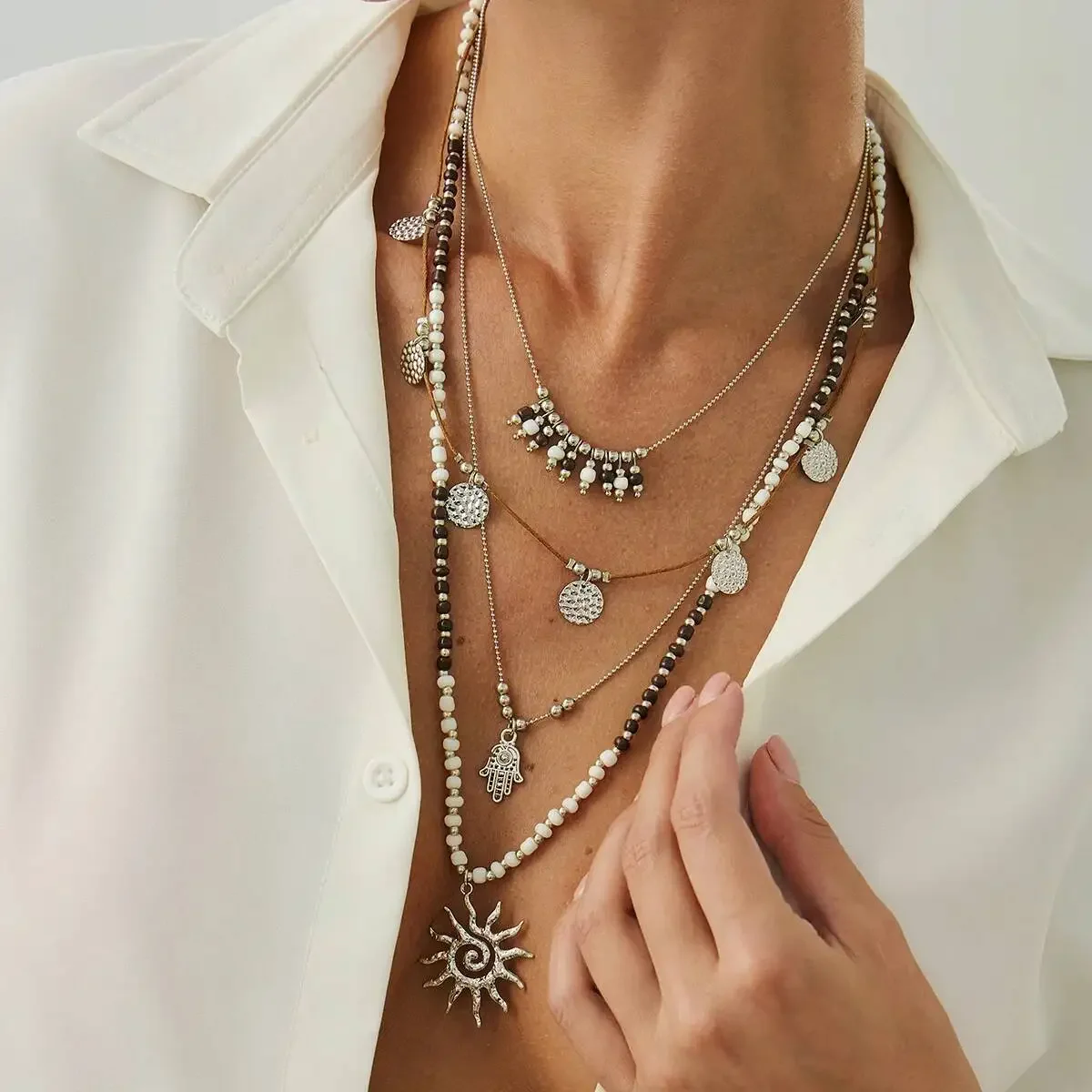 2Pcs/set 2025 Vintage Metal Sun Coin Pendant Choker Necklace Women Boho Creative CCB Bead Clavicle Neck Wed Jewelry
